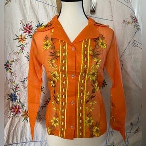 70s VINTAGE ORANGE SUNFLOWER BELL SLEEVE EMBROIDERED SHIRT